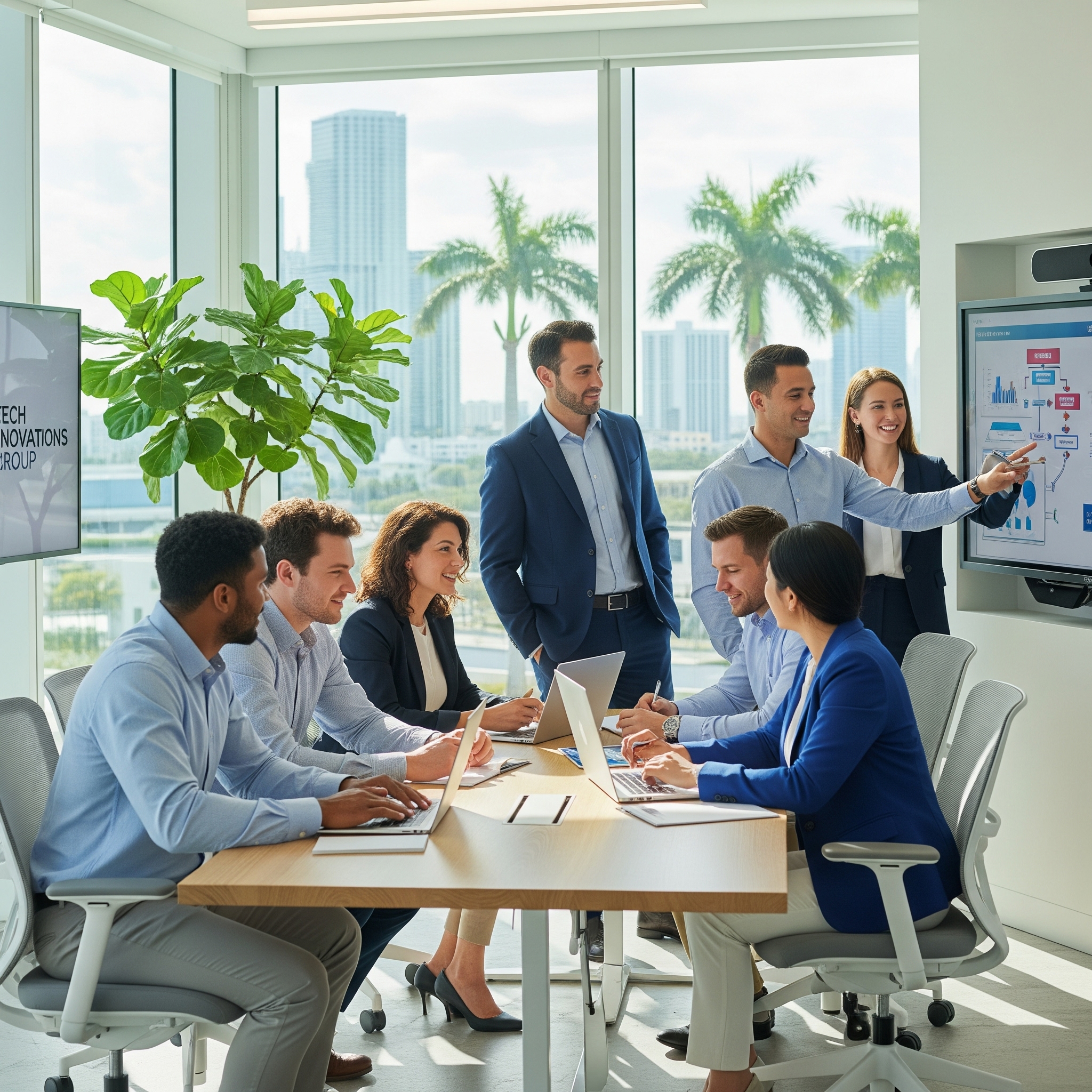 A diverse team of professionals collaborating in a modern office in Miami.